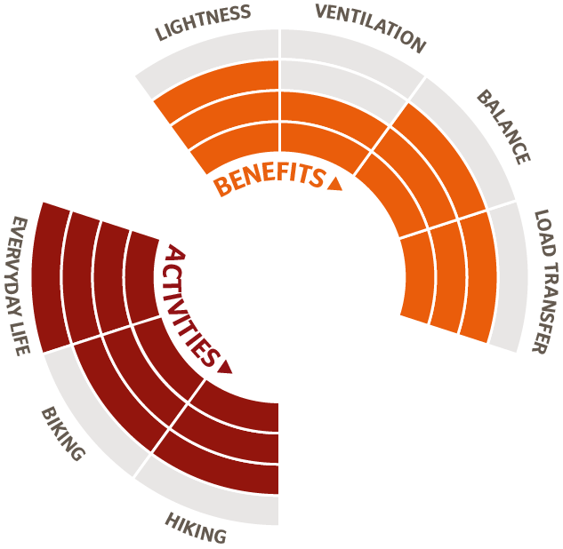 Die Infografik zeigt die Stärken des Vent Active Hike Tragesystems.