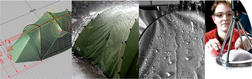 Eine Collage, die Impressionen aus der Produktentwicklung geben &ndash; von der Zeichnung bis zum Regen-Test